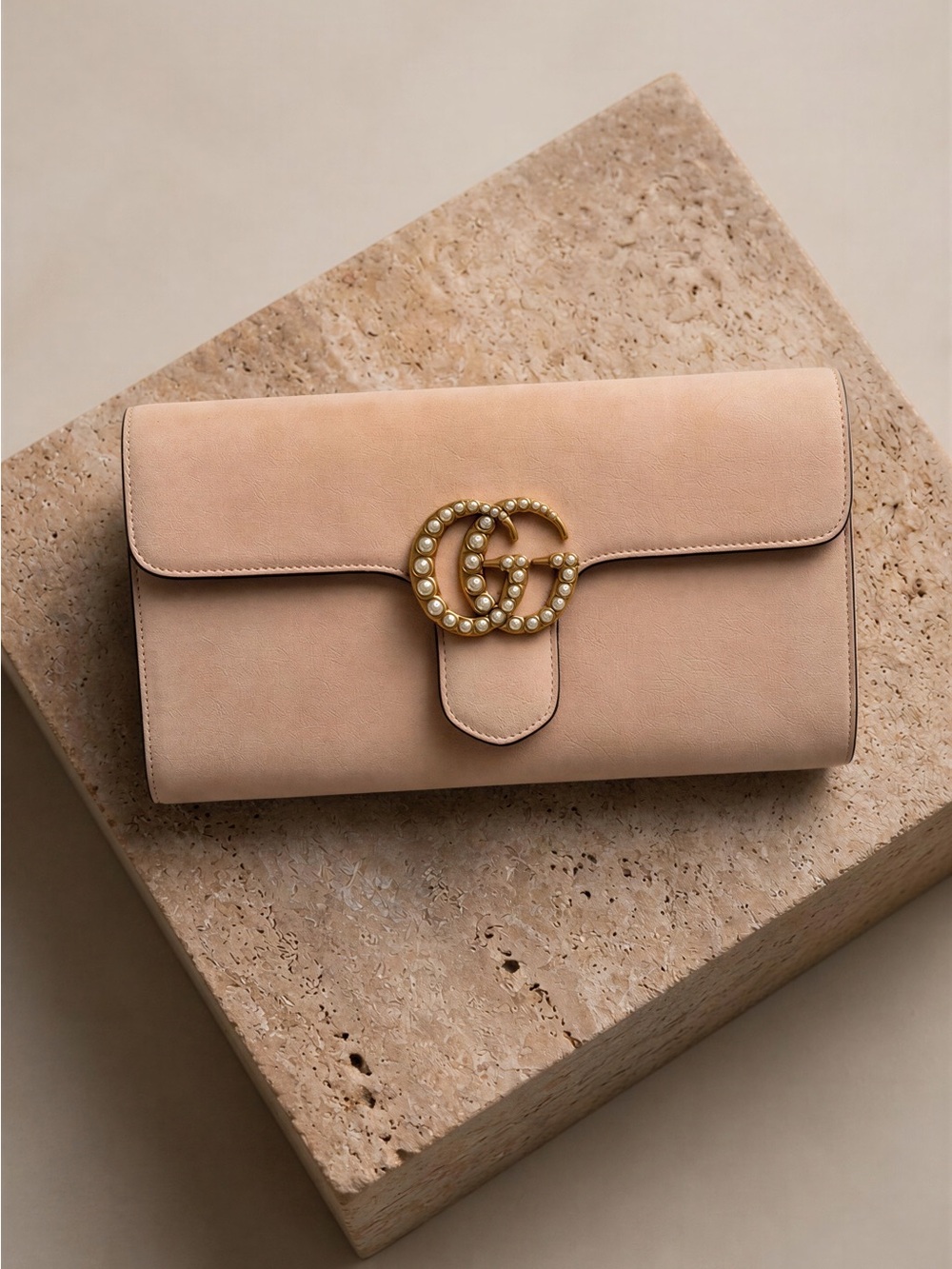 Gucci Suede Pearl Double G Clutch - Blush Pink